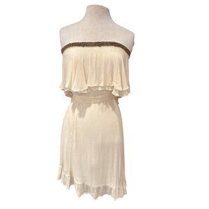 Strapless Cream Ruffle Dress With Gold Beaded Trim By Chan Luu